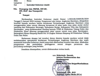 Lagi! Pemprov Jambi Keluarkan Surat Larangan Angkutan Batubara Lewati Jalur Umum
